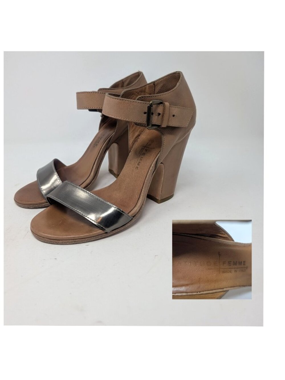 Latitude Femme Tan Heels 36.5 6 Block Heel Silver